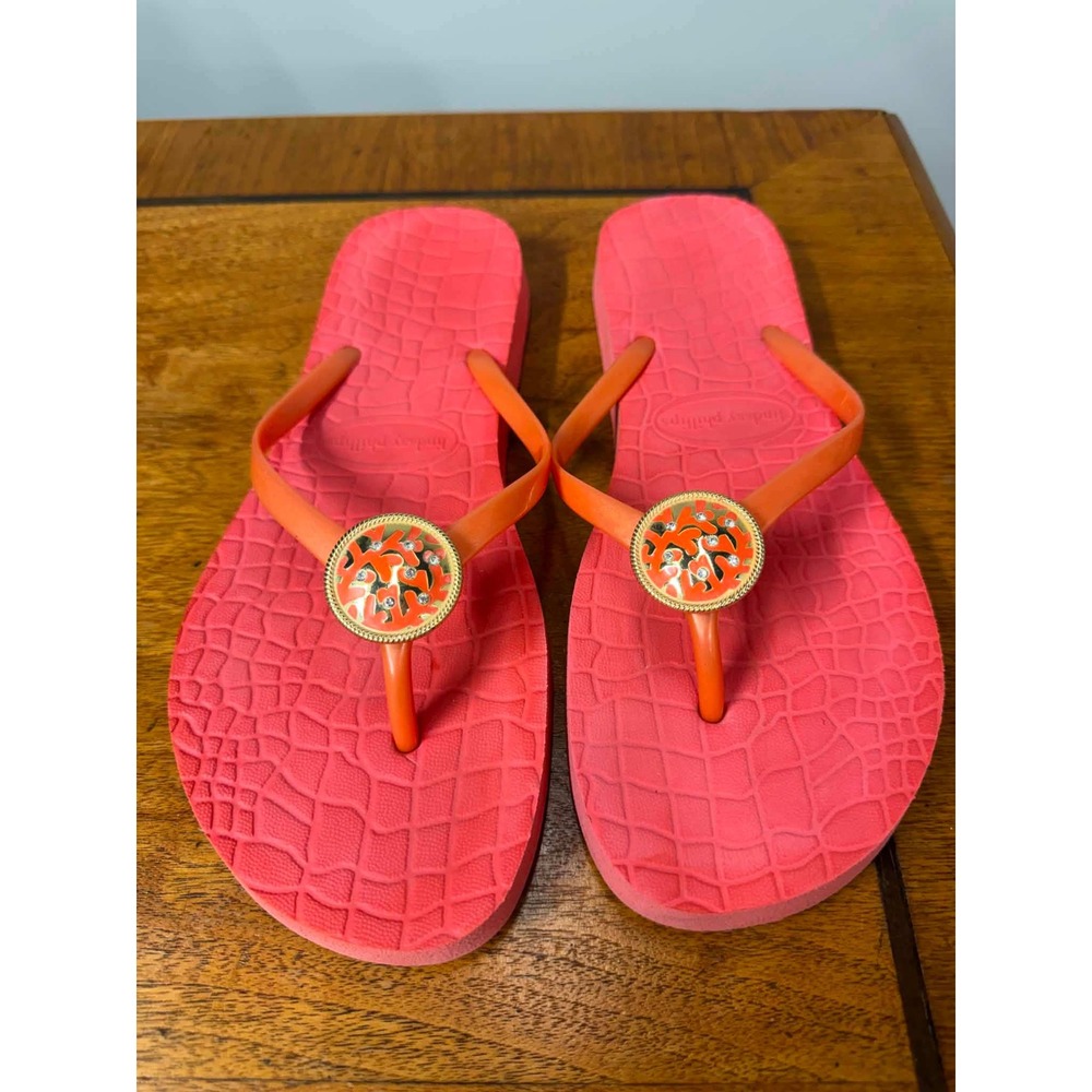 Lindsay‎ Phillips Coral Orange Enamel Medallion Flip Flop Sandals Womens Size 9